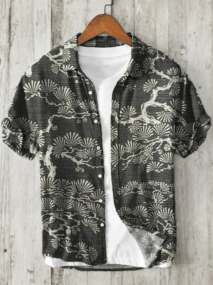 Pine Trees Japanese Lino Art Pattern Linen Blend Shirt