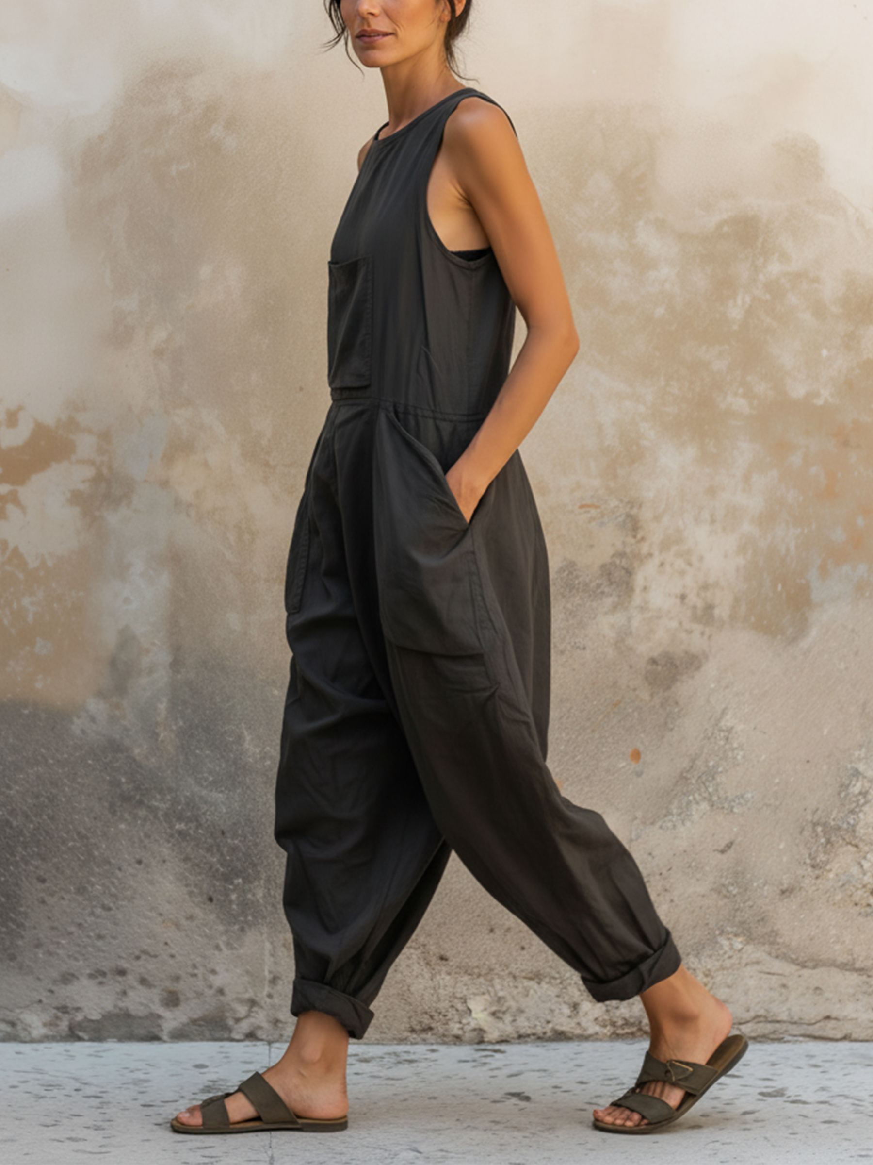 Dark Gray Cotton Sleeveless Oversized Harem Jumpsuit