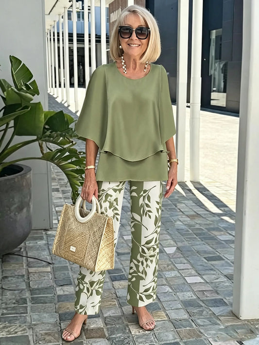 Women's 2 Piece Outfits Set, Crew Neck Flutter Sleeve Layered Blouse & Leaf Print Straight Leg Pants, Casual Loose Matching Two Piece Set for Summer Daily Wear