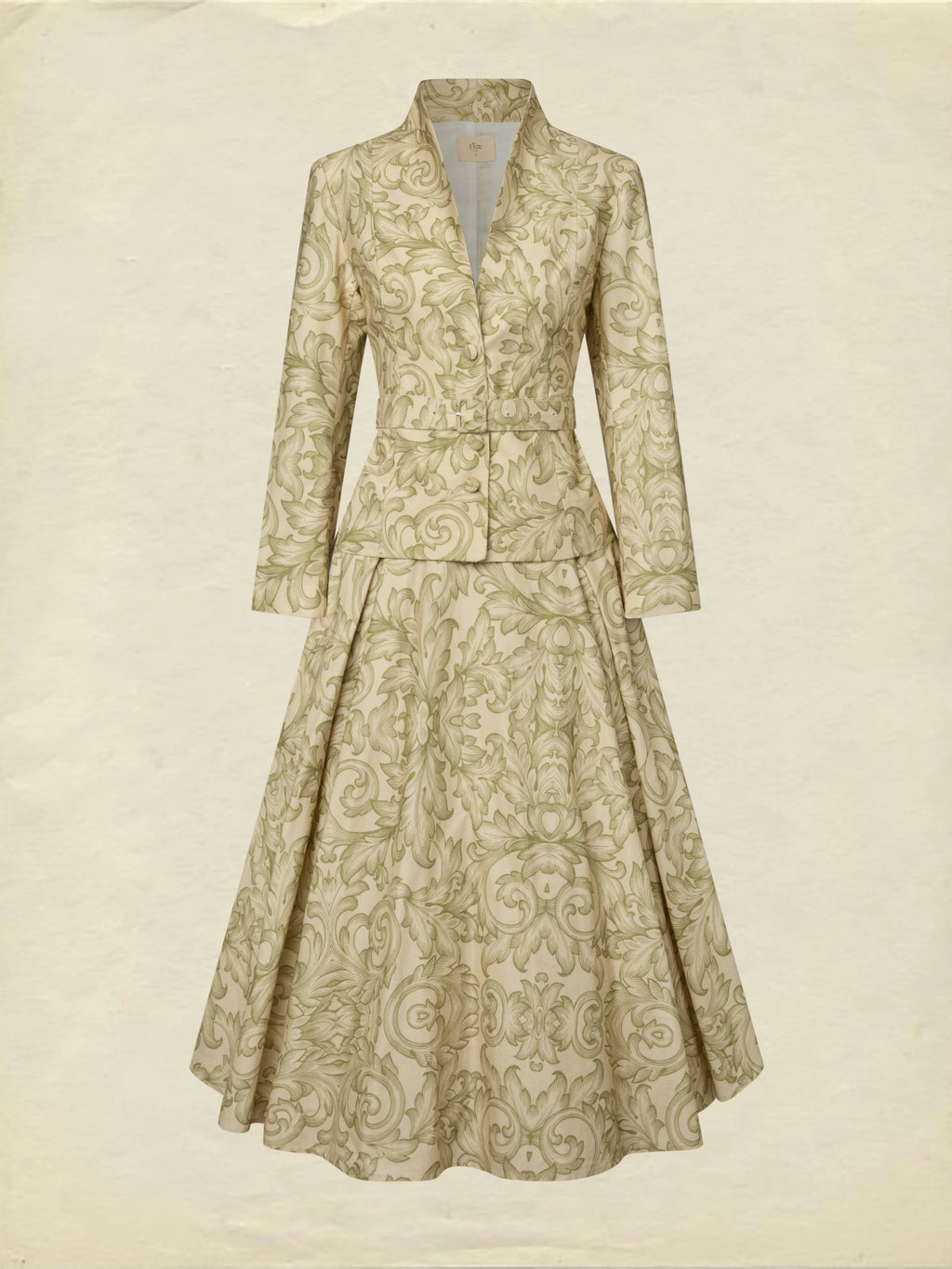 Midi Cotton Skirt Set, Long Sleeves, V Neck, Leaf, Plants, Button Design, Vintage, Light Khaki