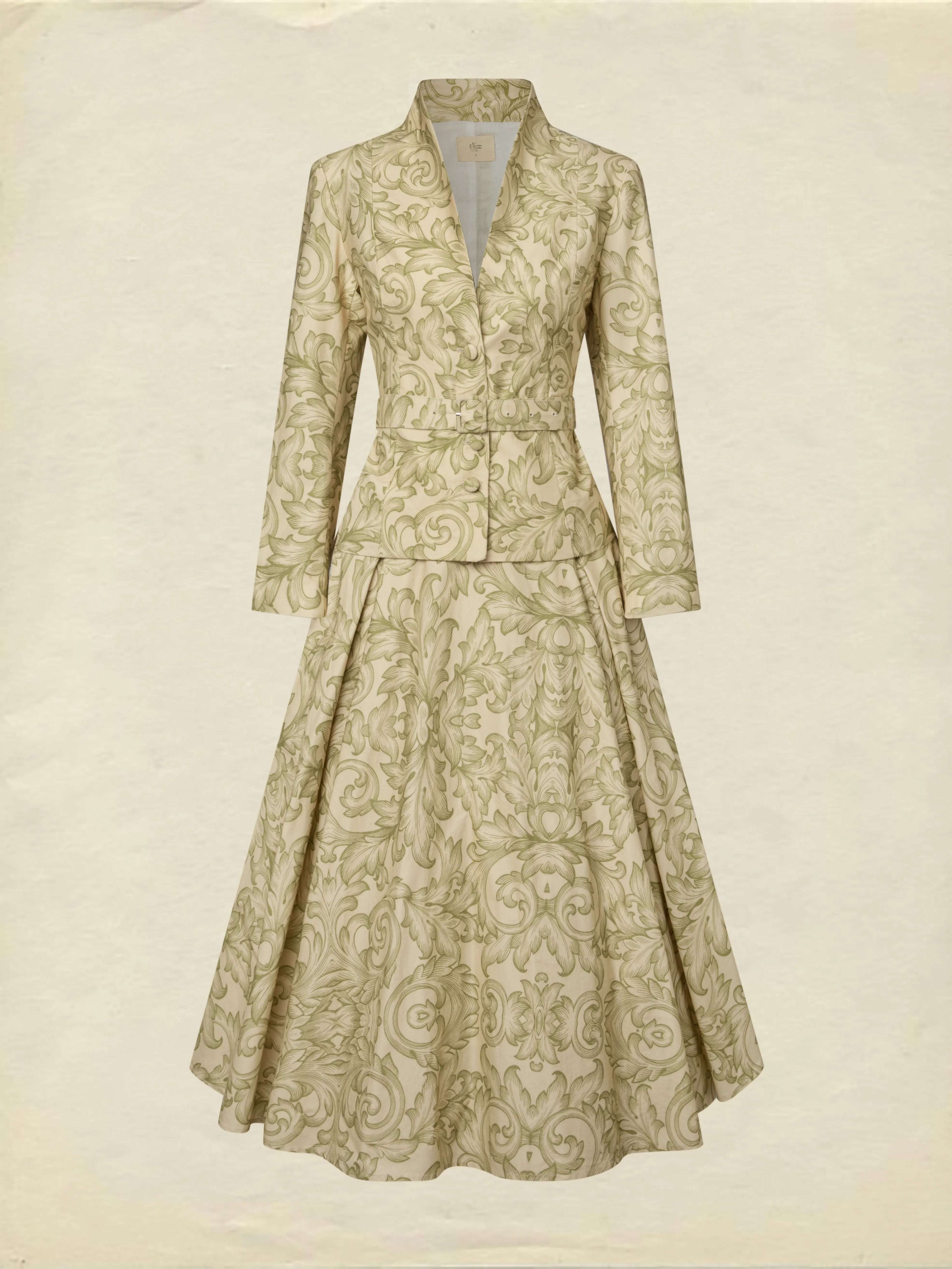 Midi Cotton Skirt Set, Long Sleeves, V Neck, Leaf, Plants, Button Design, Vintage, Light Khaki