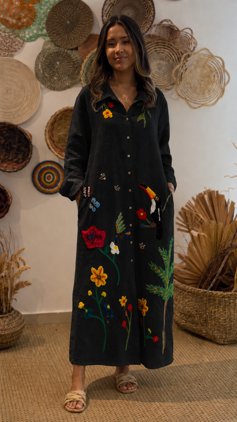 Floral & Bird Embroidered Linen Shirt Midi Dress