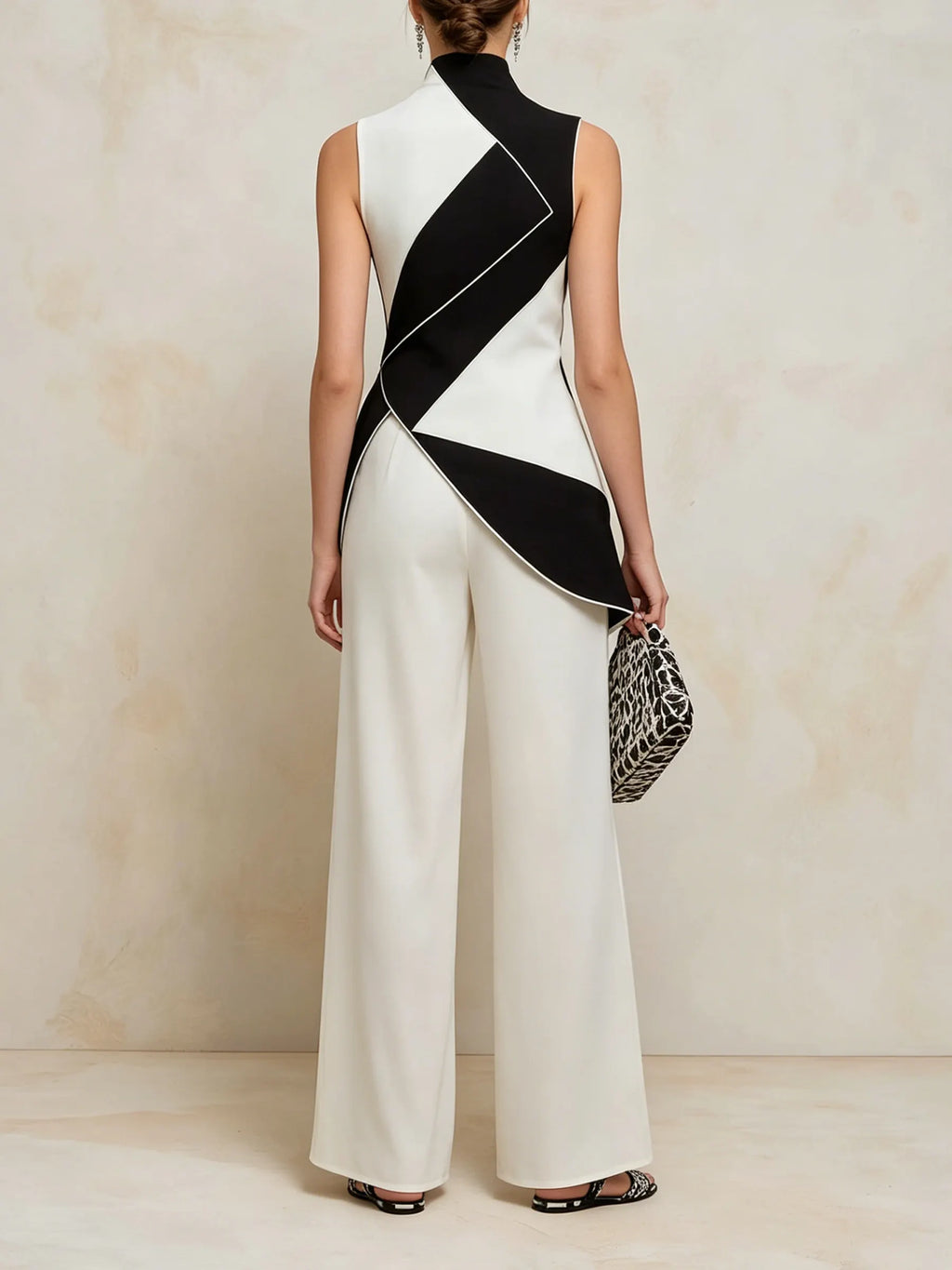 Asymmetric Geometric Color-Block Top & Wide-Leg Pants Set
