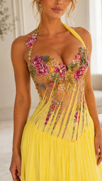 Halter Floral Illusion Corset Chiffon Gown