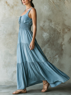 Light Blue Denim Smocked Tiered Maxi Dress