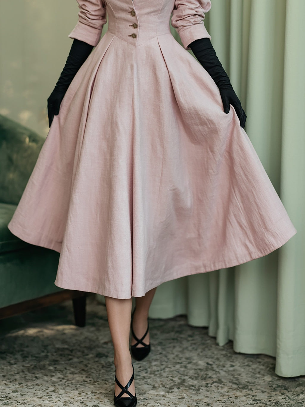 Midi Linen Dress, Long Sleeves, V Neck, Plain, Button Design, French Vintage, Light Pink