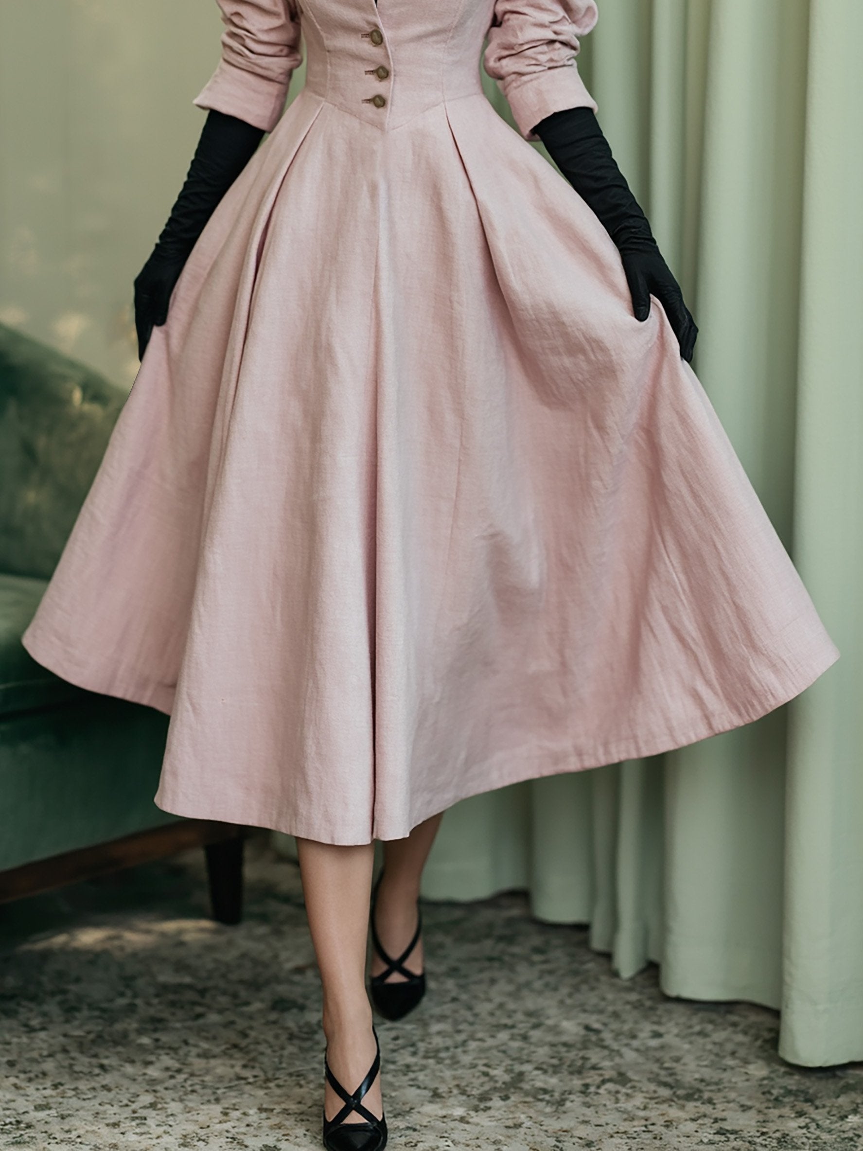 Midi Linen Dress, Long Sleeves, V Neck, Plain, Button Design, French Vintage, Light Pink
