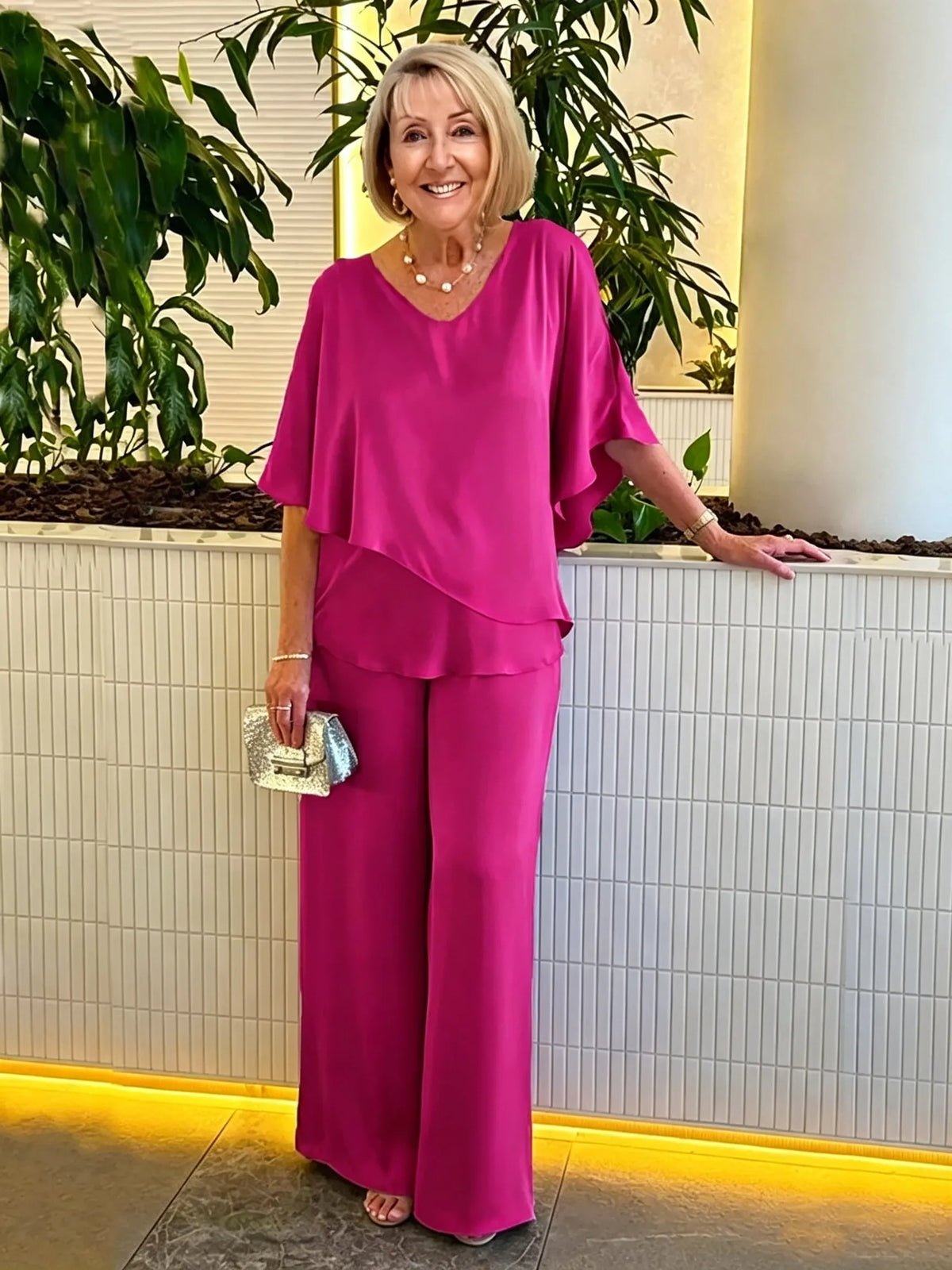 Women's 2 Piece Satin Pantsuit, V Neck Cape Flutter Sleeve Double Layer Tunic Top & Wide Leg Trousers, Elegant Loose Matching Outfit Set for Wedding Guest Formal Occasion