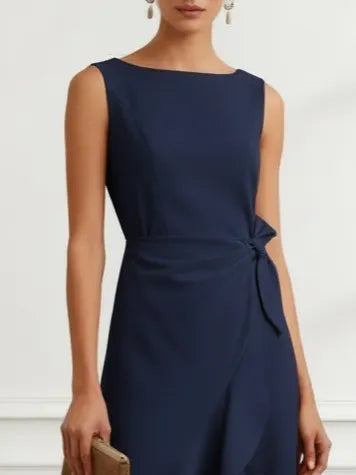 Navy Blue Asymmetric Ruffled Classic Boat Neck Sleeveless A-Line Midi Dress