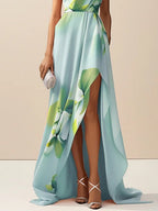 Light Blue Asymmetric Floral Classic One Shoulder Sleeveless A-Line Maxi Dress