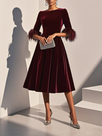 Purplish blue Feather-trimmed Velvet Crew Neck Half Sleeve A-Line Midi Dress