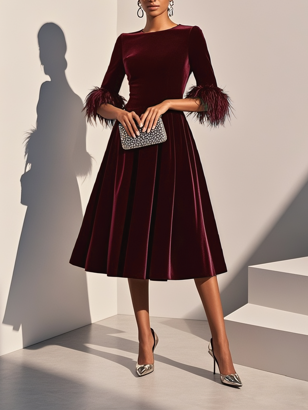 Purplish blue Feather-trimmed Velvet Crew Neck Half Sleeve A-Line Midi Dress