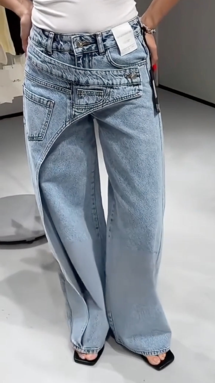 Women's Faux Two-Piece Design Casual Jeans