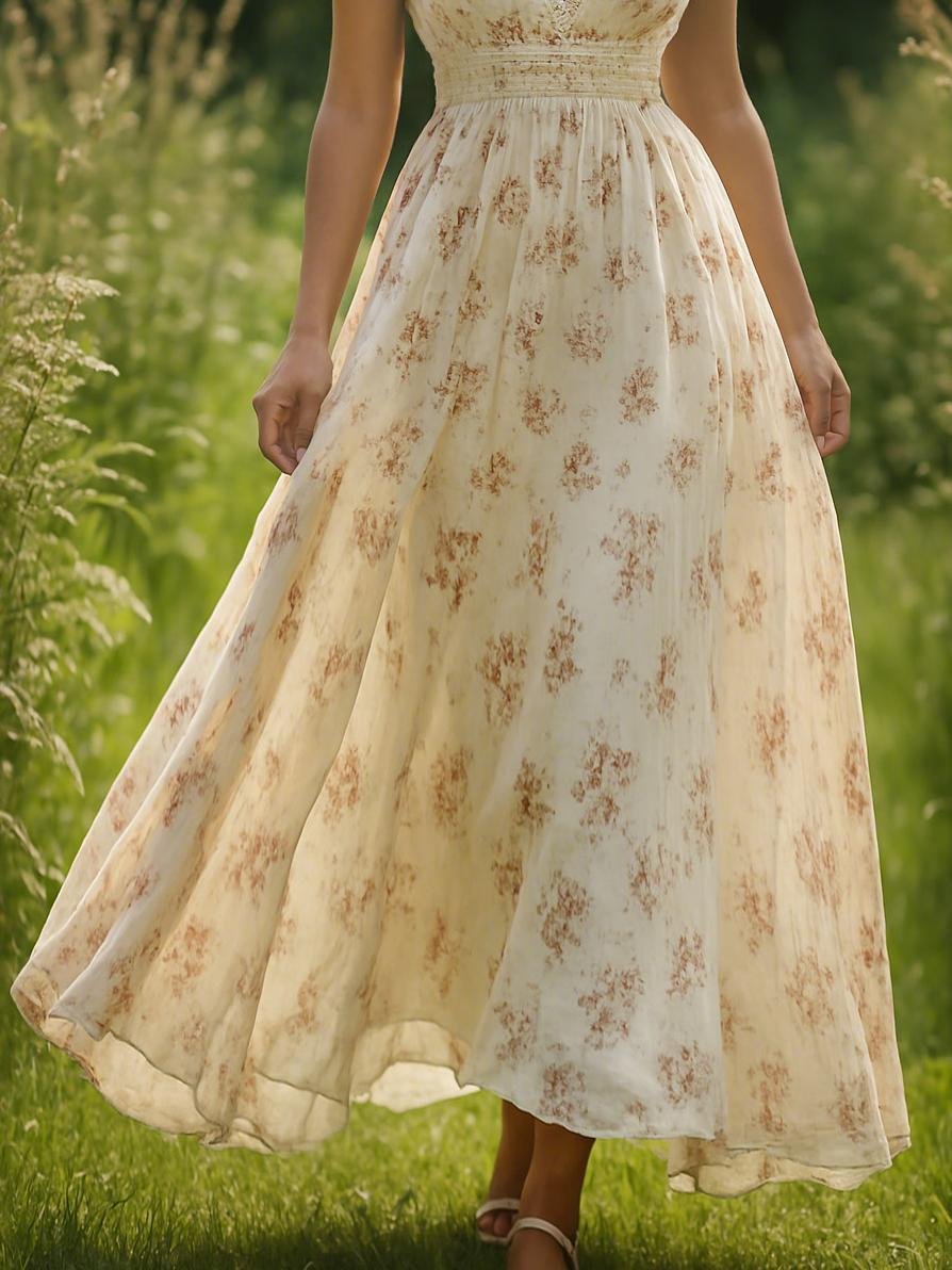 Linen Maxi Dress, Short Sleeve, V neck, Floral, Vintage, Apricot