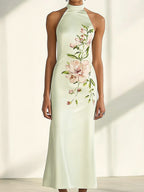 Mint Green Satin Halter Neck Dress with Side Floral Print