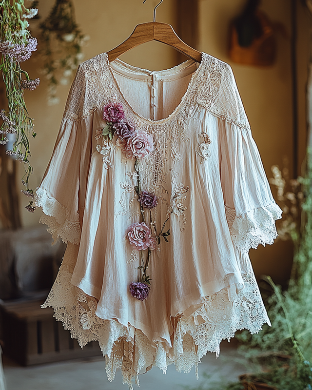 Summer Vacation Ruffle  Lace Patchwork Top  7530