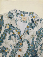 Maxi Linen Dress, Half Sleeve, Shawl Collar, Paisley, Button Design, Vacation, Vintage, White