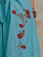 Turquoise Embroidered Wrap Waist Wide-Leg Palazzo Pants