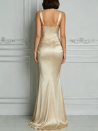Champagne Lustrous Satin V‑Neck Maxi Evening Gown