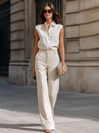 Sleeveless Button-Front Blouse And Wide-Leg Trousers Set