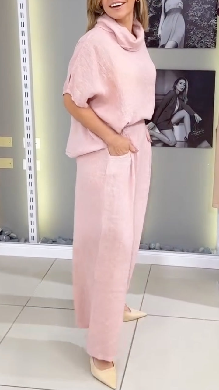Women's High-Neck Cotton Linen Loose Casual Suit