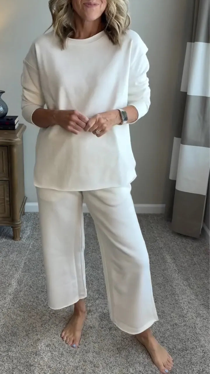 elaxed Long Sleeve Top & Cropped Wide Leg Pants Loungewear Set