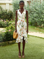 Off White Printing Asymmetric Satin V Neck Sleeveless Mermaid Midi Dress