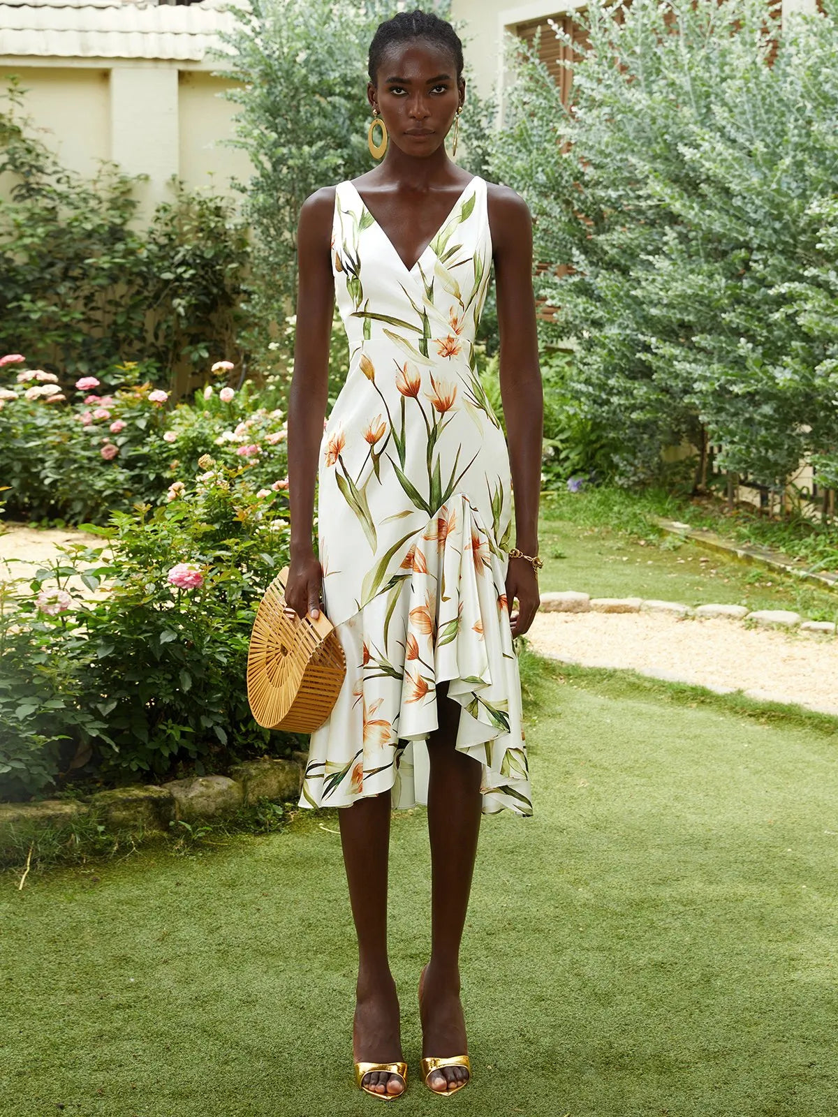 Off White Printing Asymmetric Satin V Neck Sleeveless Mermaid Midi Dress