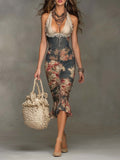 Bohemian Satin Vintage Floral Print Halter Lace Trim Ruched Midi Dress