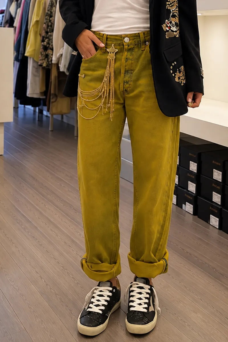 Embroidered Blazer Mustard Washed Denim Pants Outfit