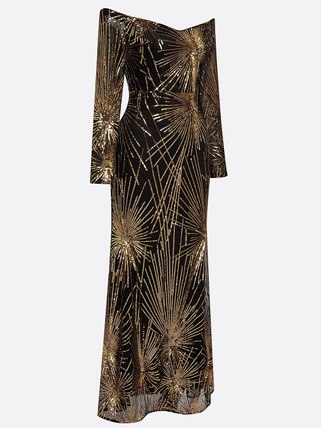 Golden-Black Off The Shoulder Gown Mermaid Sequin Dress