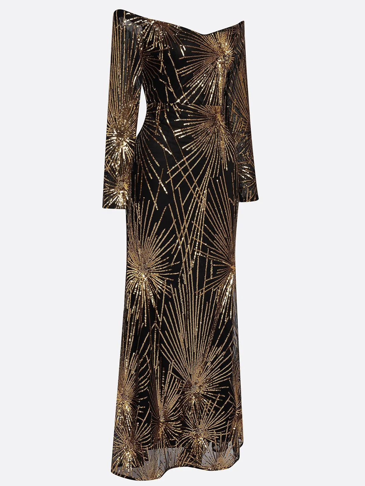 Golden-Black Off The Shoulder Gown Mermaid Sequin Dress
