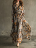 Bohemian Retro Floral Chiffon Ruffle Neckline Maxi Dress