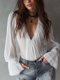 Vintage-style Pleated Ruffle Cuff Chiffon Blouse