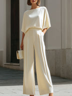 Boat Neck Dolman Sleeve Top & High Waist Pleated Wide Leg Pants Two Piece Set