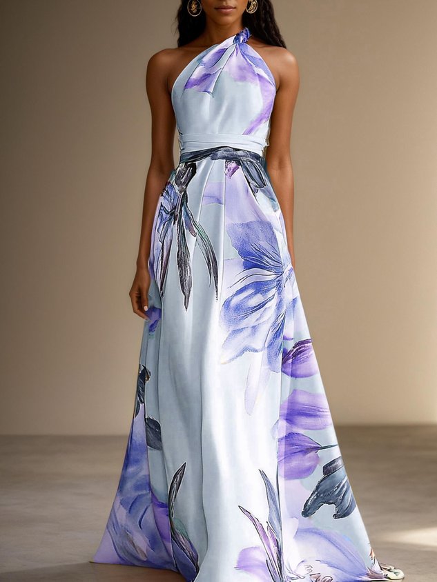 Lavender Purple Floral Satin One Shoulder Sleeveless A-Line Floor-length Gown With Pockets