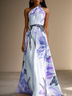 Lavender Purple Floral Satin One Shoulder Sleeveless A-Line Floor-length Gown With Pockets
