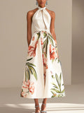 Chic Halter Neck Floral Midi Dress in Ivory Satin