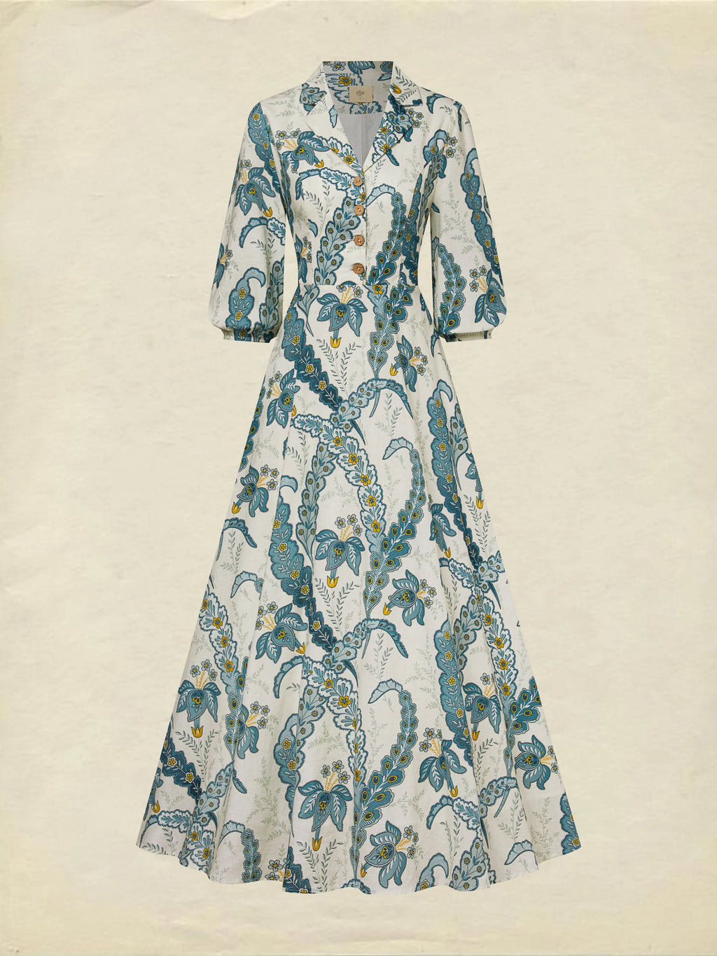 Maxi Linen Dress, Half Sleeve, Shawl Collar, Paisley, Button Design, Vacation, Vintage, White