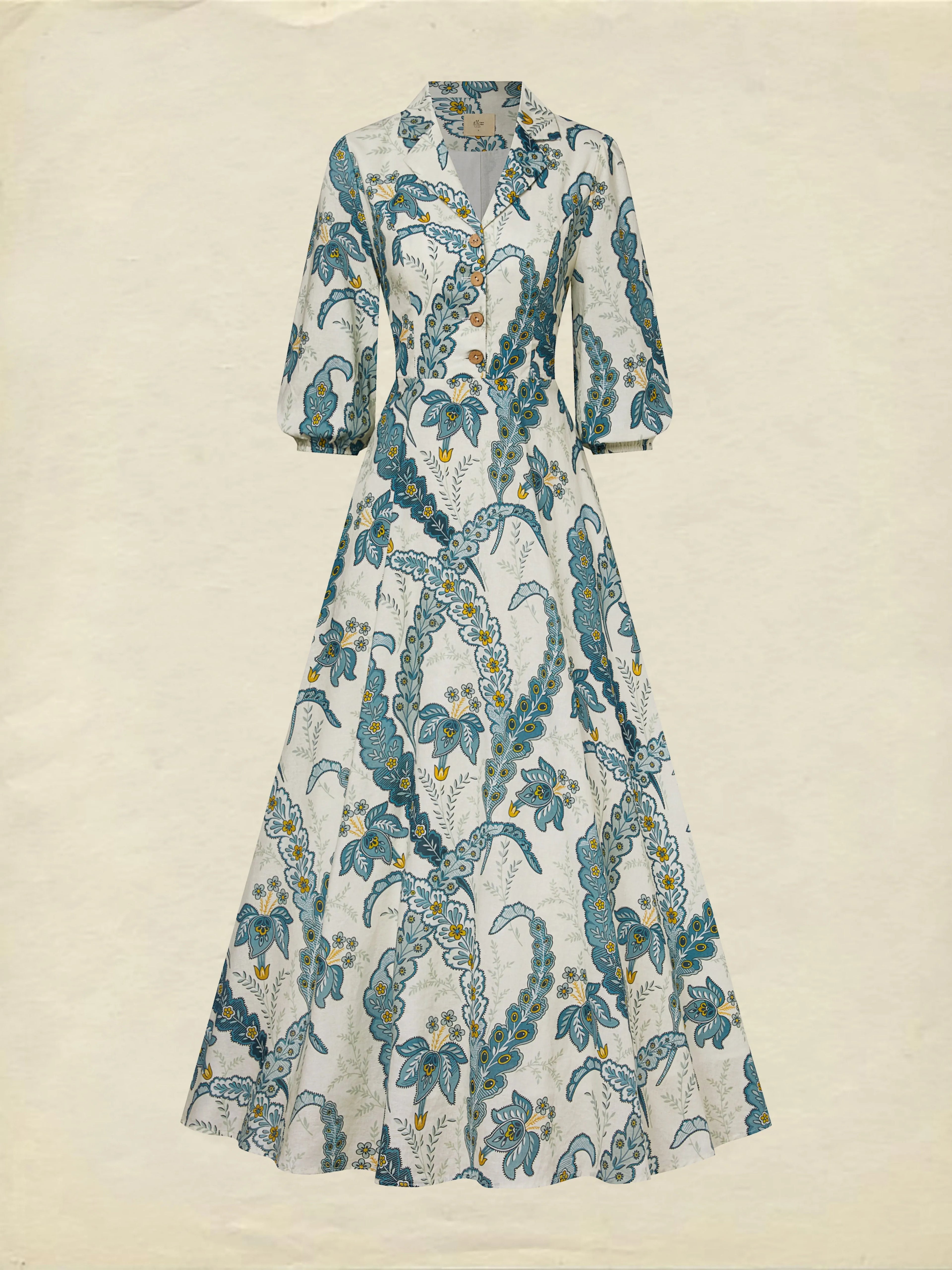 Maxi Linen Dress, Half Sleeve, Shawl Collar, Paisley, Button Design, Vacation, Vintage, White