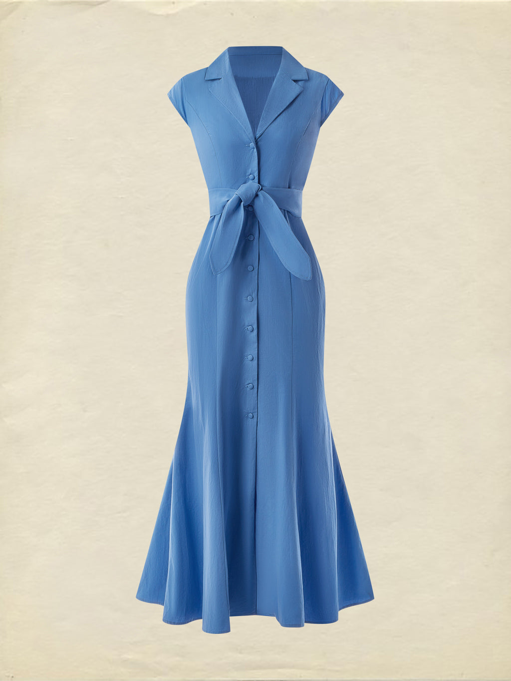 (SIZE:XS-XXL) Cotton Maxi Dress, Cap Sleeve, Lapel Collar, Plain, Vintage, Blue