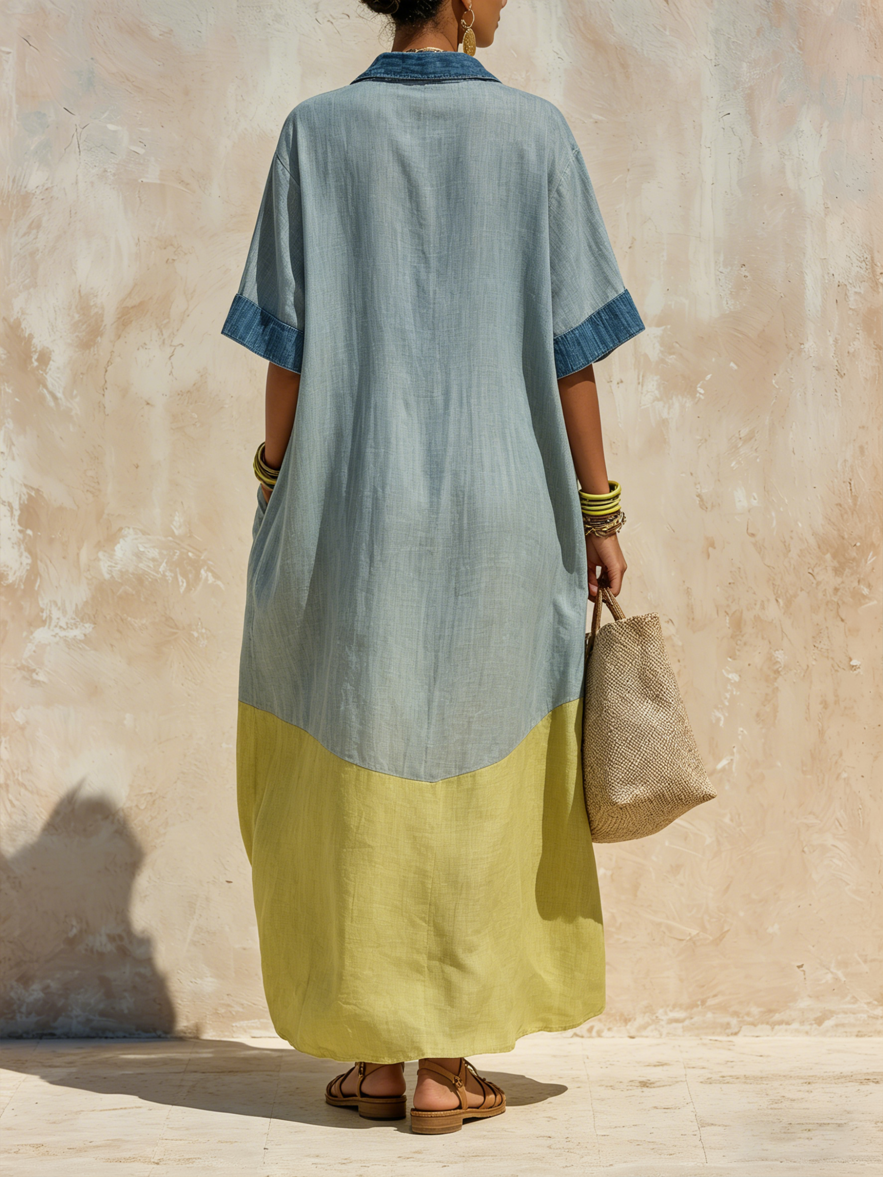 Oversized Denim Linen Maxi Dress - Breathable Two-Tone Casual Cover-Up