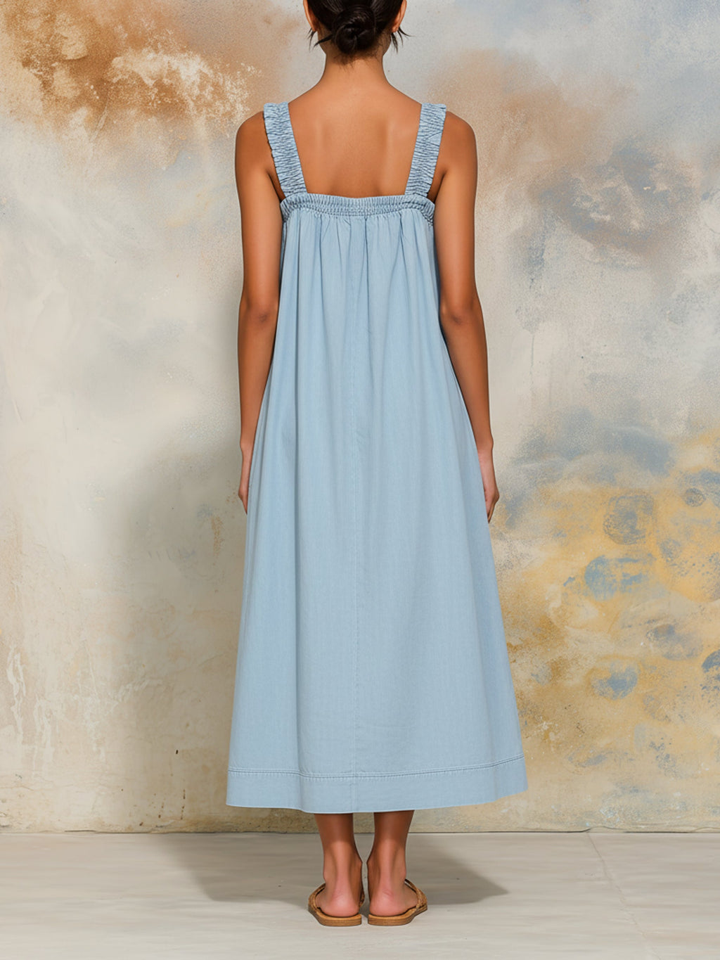 Square Neck Ruffle Strap Denim Culotte Jumpsuit