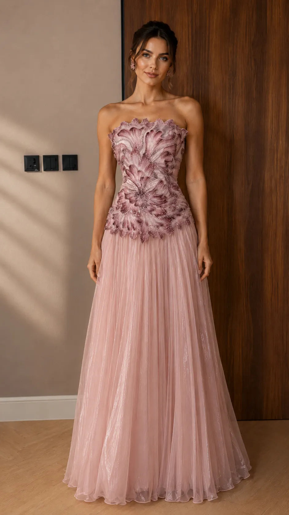 Strapless Gradient Floral Applique Pleated Tulle Evening Dress