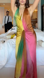 Rainbow Halter Deep V Twist Satin Maxi Dress