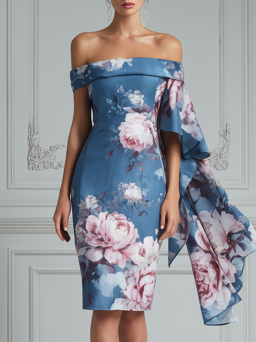 Blue Floral Print Off-Shoulder Satin Midi Dress