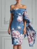 Blue Floral Print Off-Shoulder Satin Midi Dress