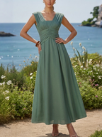 Maxi Linen Dress, Sleeveless, V Neck, Plain, Vintage, Green