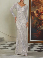 Champagne Sequin V Neck Long Sleeve Mermaid Gown Dress