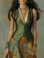 Effortless Boho Button Vest With Flowing Patchwork Skirt
